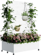 Double Metal Planter Box with Trellis Privacy Screen, Raised Garden Bed with Trellis & Wheels, Planter Box Outdoor with Drainage Holes for Climbing Plants, Vines,73"x 47"x 30", White
