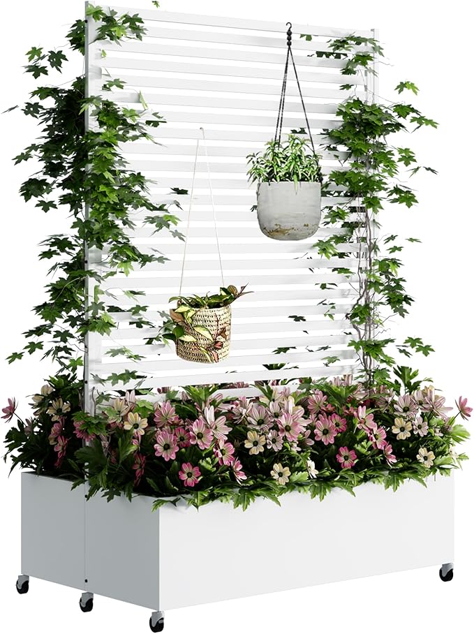 Double Metal Planter Box with Trellis Privacy Screen, Raised Garden Bed with Trellis & Wheels, Planter Box Outdoor with Drainage Holes for Climbing Plants, Vines,73"x 47"x 30", White