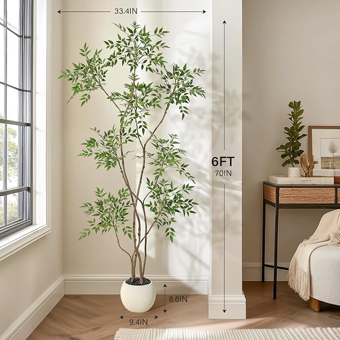 GarveeHome Artificial Plants Indoor,6 ft Tall Faux Floor Plant in Pot, Nandina Artificial Tree with White Planter for Home Decor Office Living Room