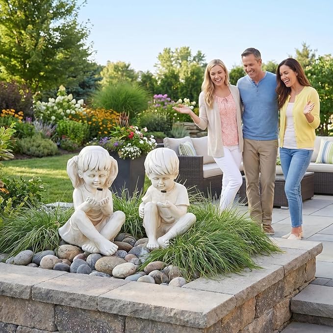 Large Garden Children Statues Light Up Firefly Jar Solar Powered | Set of 2 Figurines | Girl & Boy Garden Yard Art Décor, Indoor & Outdoor Ornament Gifts for Lawn, Patio , 7.5" W x11. 8”H Cream Gift