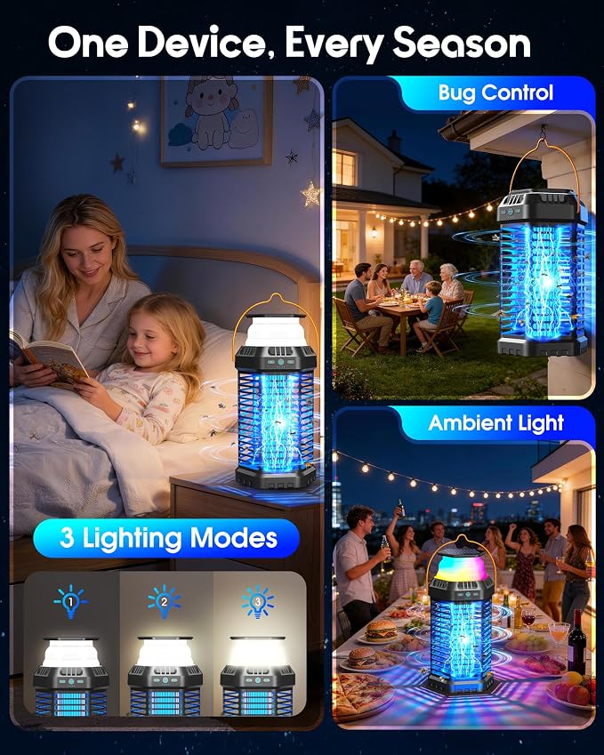 Solar Bug Zapper Outdoor & Indoor, 4500V Ultra-Effective Mosquito Zapper, 6000mAh Rechargeable Insect Zapper, Foldable 2-in-1 Light, IP66 Waterproof for Patio, Camping, Bedroom, Kitchen