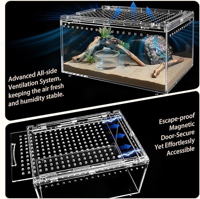 Reptile Terrarium Starter Kit, PC Habitat w/Magnetic Lid & Full Ventilation, Scorpion Habitat, Tarantula Enclosure, Spiders Cage, Insect Terrarium, Mantis & Small Frog Terrarium, 8"x6"x4" Assembled