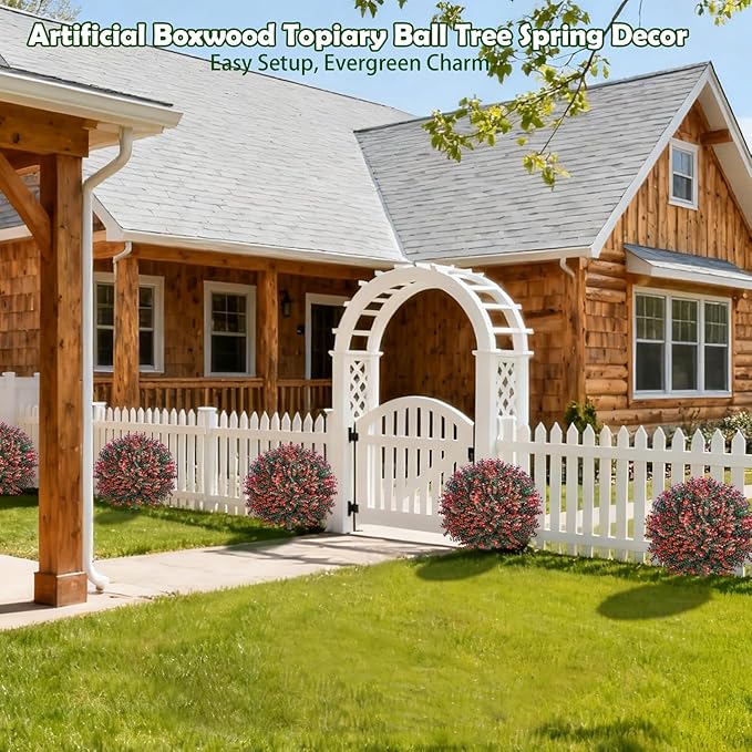 2 Pack 24" Red Rose Boxwood Topiary Ball Trees with Ground Stakes– UV Resistant Fake Shrubs & Bushes for Outdoor Porch, Front Door & Garden Planter Decor