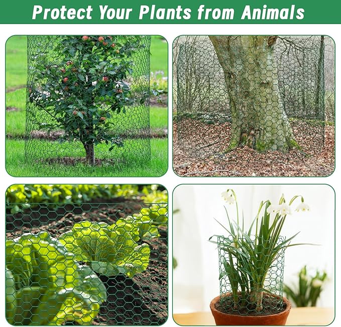 Convivium Plant Protectors from Animals, 0.8mm Free-Cut Green Chicken Wire Mesh, PVC Coated Tree Trunk Guard & Garden Fence for Outdoor Plants with Zip Ties, Stakes, Pliers, Gloves（33Ft*16In）
