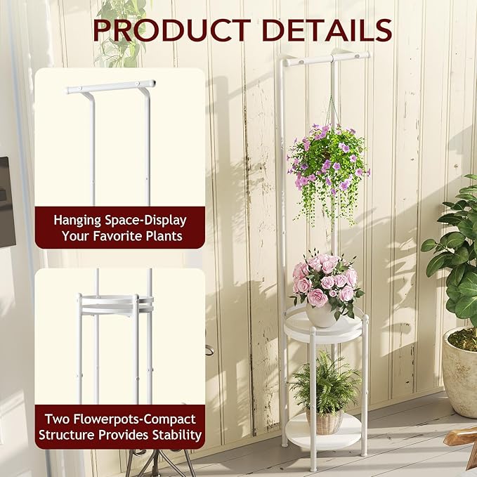Homsorout Plant Stand Indoor Outdoor - Heavy Duty Metal 2-tier Hanging Plant Holder Space-Saving Iron Plant Stands Tall Plant Shelf for Living Room Garden Balcony (White)