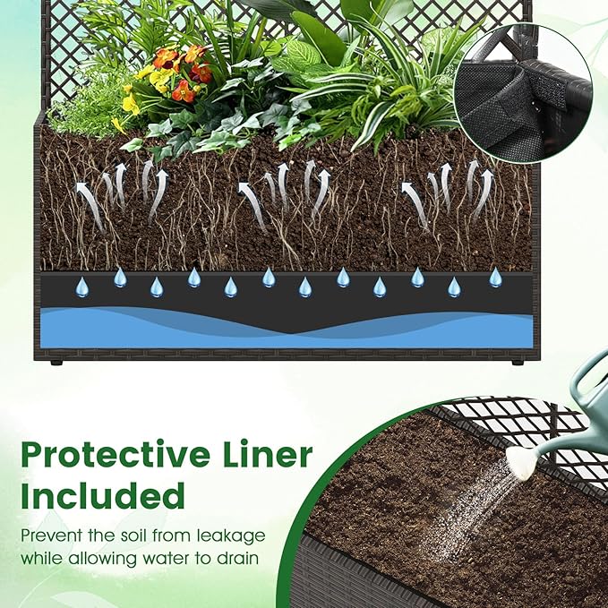 Happygrill Raised Garden Bed with Trellis, 58" Wicker Planter Box with Privacy Screen, Liner, Drainage for Patio Balcony, Outdoor PE Rattan Elevated Garden Bed for Climbing Plant Vine Flower (Brown,1)