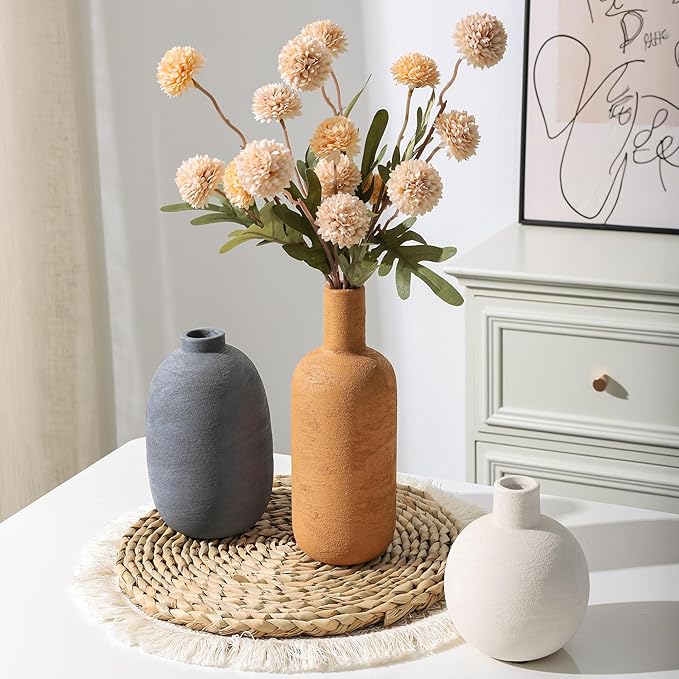 Ceramic Vase Set, Rustic Distressed Large Flower Vases in Pottery Decor, Modern Boho Farmhouse Decor for Pampa Grass, Dried & Fresh Flower, Decorative Vase for Living Room, Kitchen, Entryway, Rust Red