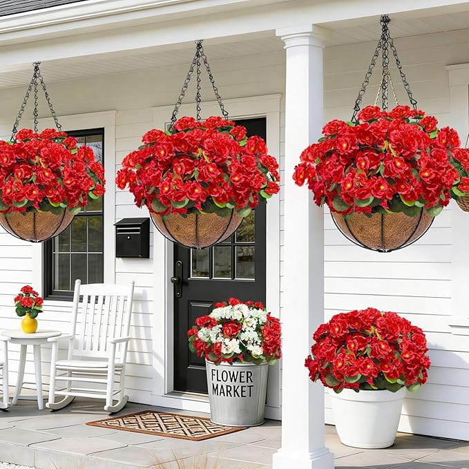 8 Bundles Artificial Geraniums Flowers for Outdoors Summer Mother's Day Derby Day Decor, Fake Cemetery Flowers Silk Red Flower UV Resistant No Fade Faux Plant for Porch Garden Home Planter Patio Decor