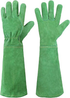 HANDLANDY Leather Gardening Gloves, Thorn Proof Long Gauntlet Heavy Duty Garden Gloves, Elbow Length Rose Pruning Weeding Yard Glove (Medium, Green)