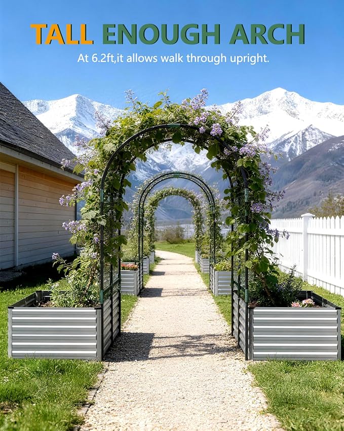 FOOWIN Raised Garden Bed with Arch Trellis for Climbing Plants,Galvanized Raised Garden Bed,Planter Boxes Outdoor for Vegetables Flowers Herb,478 Gallon Capacity Silver