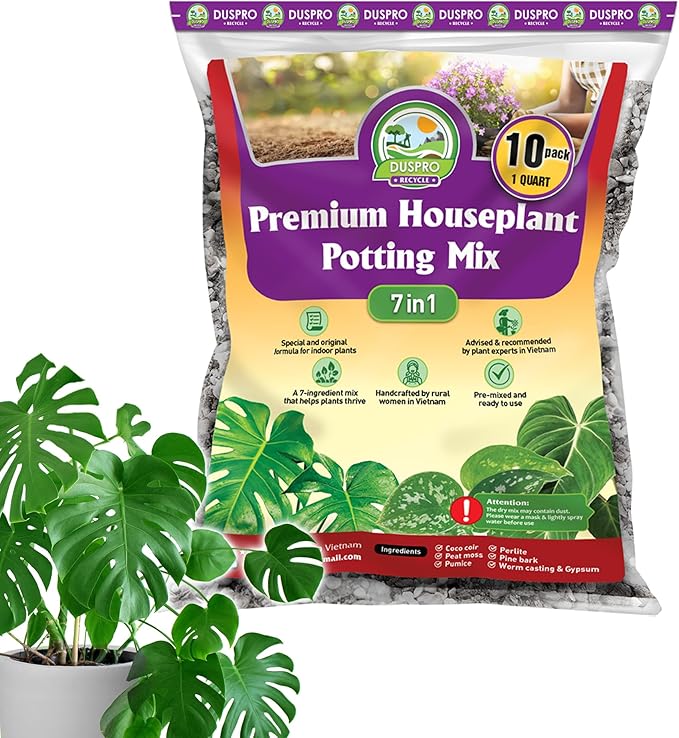 DUSPRO 10Pcs 1QT Pre-Mixed House Plant Potting Mix 7in1 with Potting Soil Indoor Plants,Tropical Indoor Potting Soil with Pine Bark,Pumice,Coco Coir, Perlite, Worm Castings, Gypsum, Peat Moss