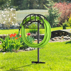 Garden Hose Holder - Upgraded Metal Reel With Tool Storage Basket, Heavy Duty Freestanding Water Hose Holder Holds 150ft, Detachable Storage Hanger for Outside