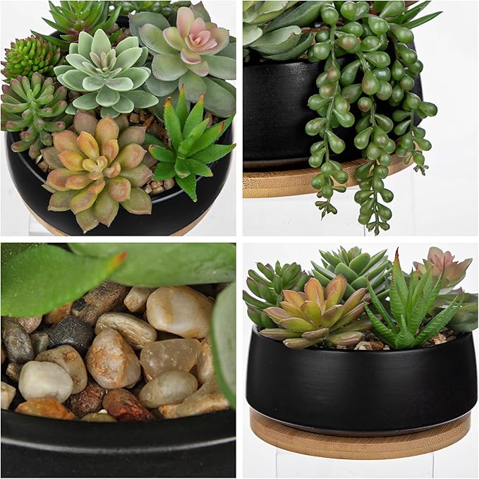 Artificial Succulent Plants in Pot 5.5 Inch Fake Succulents Arrangement Potted Plant in Black Ceramic Planter Bowl with Wood Saucer for Home Office Desk Shelf Living Room Bedroom Bathroom Decor
