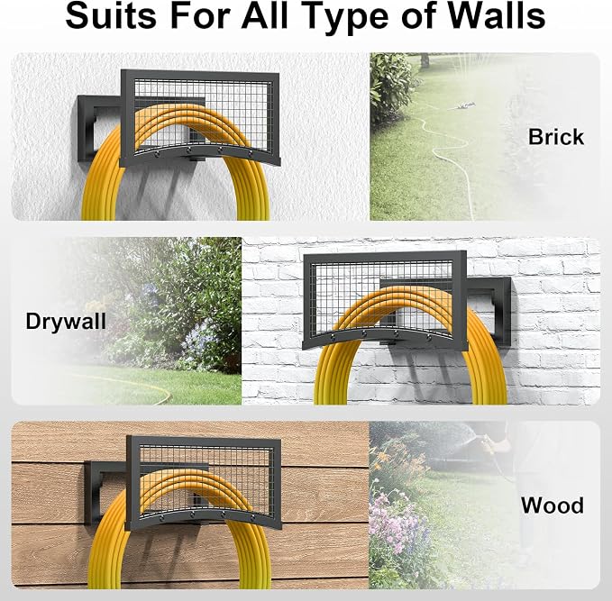 Garden Hose Holder Wall Mount, Heavy Duty Metal Water Hose Rack for Outside, Holds Up to 150FT, Storage Organizer, Easy Install, Black