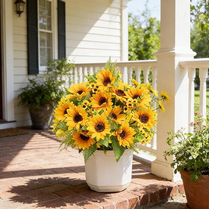AmyHomie Artificial Sunflowers for Outdoors - 2 Bunches Fake Sunflower Bouquets with 14 Large Blooms, UV Resistant Silk Flowers for Home Wedding Fall Decor, Garden Party Centerpieces, 17.7 Inches