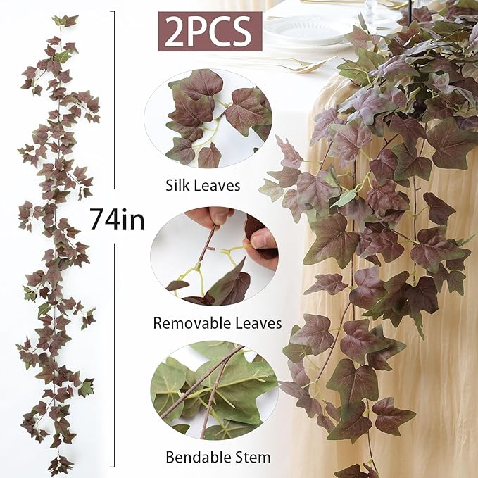 mizii 2 Strands Artificial Vines Ivy Garland 74" Fake Vine with Silk Green Leaves Faux Hanging Plants Greenery Decoration for Bedroom Home Wall Party Wedding Arch Apartment Room Decor (Purple Green)