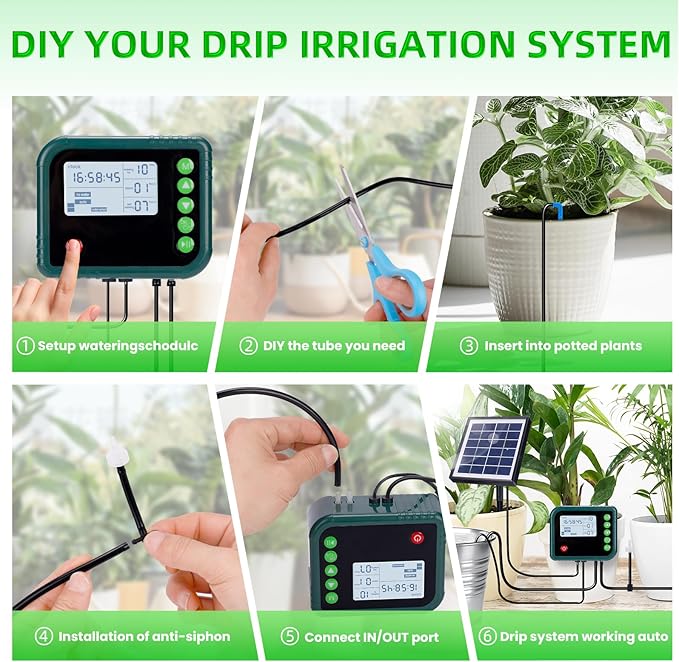 Solar Automatic Drip Irrigation Kit System,Automatic Plant Watering Devices Programmable Water Timer,LED Display for 15 Potted Plants Outdoor Indoor Garden Balcony Vacation
