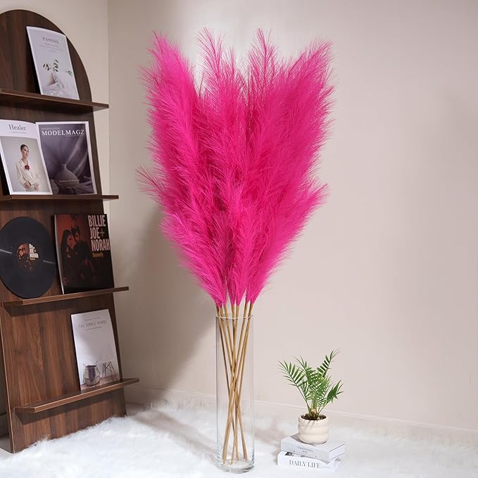 Premium Faux Hot Pink Pampas Grass – 55" Tall Ultra-Fluffy 24-Branch One-Piece Stems No Assembly, Luxury Silk-Feel Feather Flowers for Boho Wedding Girls Room Home Decor (Fuchsia, 8 Stems)