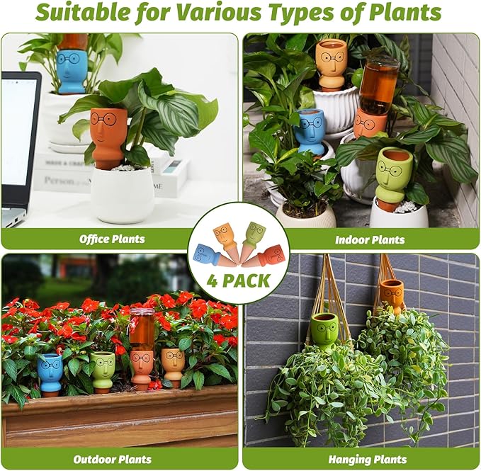 Terracotta Self Watering Spikes, 4 Pack Self Watering Planter Insert, Vacation Plant Slow Release Watering Devices for Indoor Outdoor Plants, Big Head