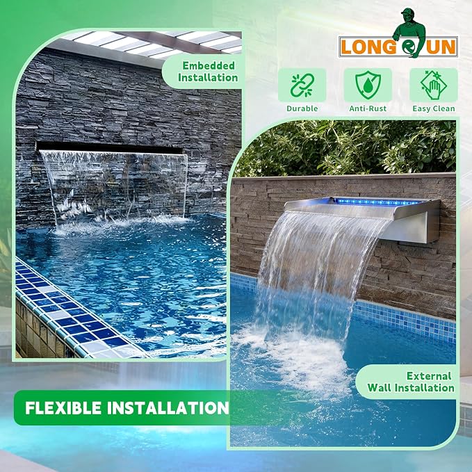 LONGRUN Stainless Steel Waterfall Spillway, APP Control Multi-Color LED Light Outdoor Pool Fountain, Water Spillway Koi Pond Waterfalls Fountains Kit for Garden Patio Swimming Pool Decoration-11.8"