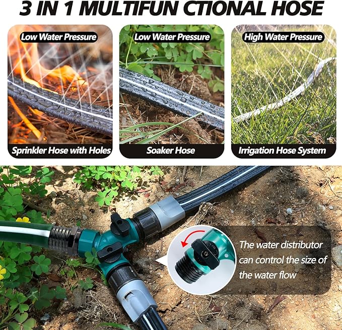 Sprinkler Hose with Holes, Flat Soaker Hoses 50 ft (25 ft 2pack) with Garden Staples and Splitters, PVC Drip Line Irrigation Watering Hoses for Lawn,Garden Beds (50 ft)