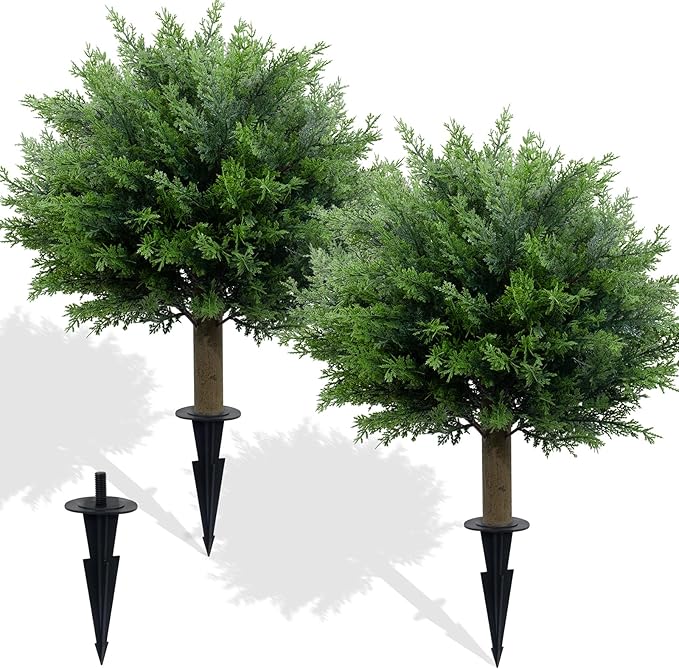 27.6 Inch Artificial Cedar Topiary Ball Trees, Set of 2 UV Resistant Fake Evergreen Trees Shrubs Bushes Artificial Plants with Ground Spike Faux Cypress Plants for Outdoor Front Porch Garden Decor