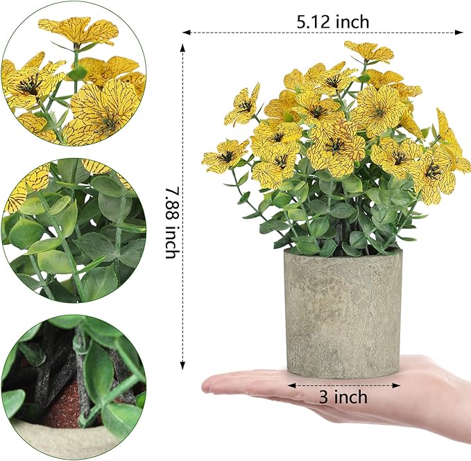 2 Pack Small Fake Plants Potted Artificial Plants Artificial Flowers Potted Faux Flower Daisy with Eucalyptus Leaves for Home Decor Office Room Farmhouse Indoor Table Bathroom Decor（Yellow）