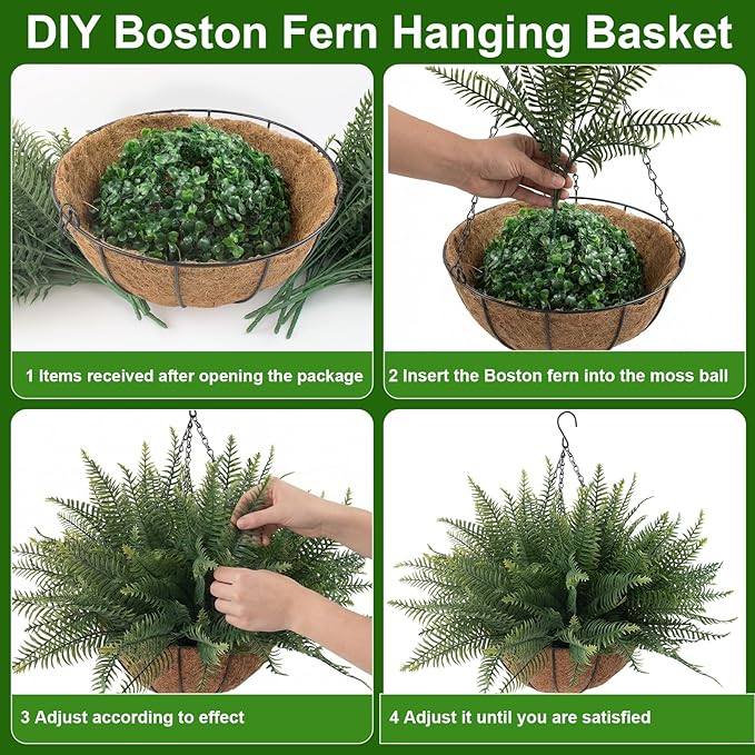 Fake Ferns Hanging Baskets,2PCS Artificial Hanging Plants Outdoor, 2 Hanging Planters with 24 Pcs Fake Ferns for Indoor Outside Decorations for Front Porch Garden Balcony Patio Home Decor (2, Green)