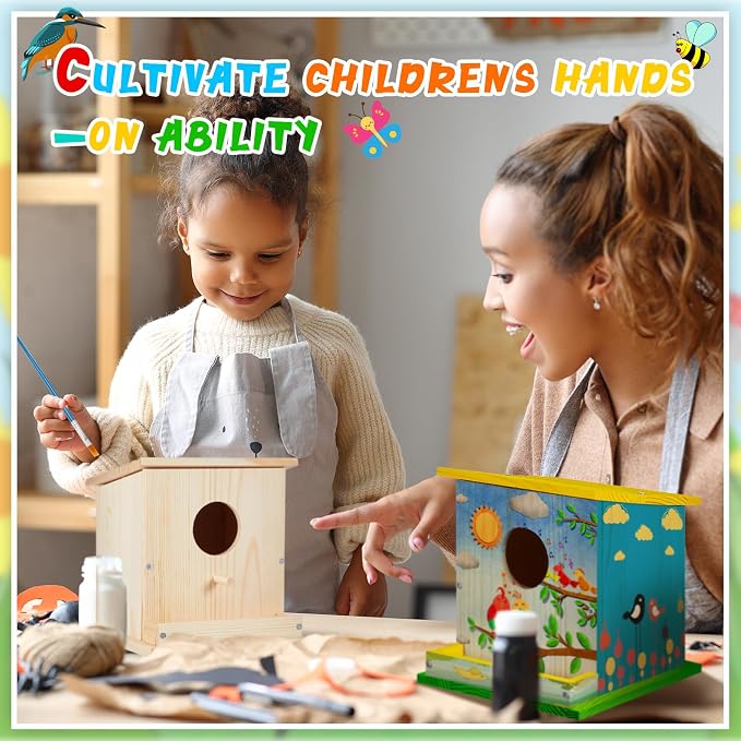 Liliful 4 Pack Birdhouse Crafts for Kids, Wooden Creative DIY Bird House Kits Arts and Crafts Set for Kids and Adults, Spring Birthday Gifts for Toddlers Ages (Single Style)