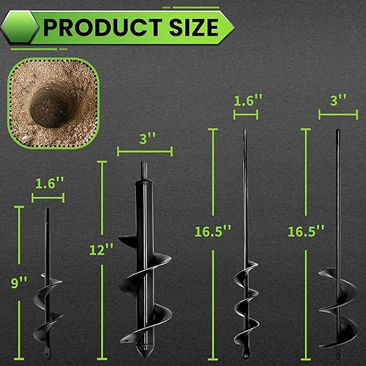 4PCS Garden Auger Drill Bit Set - 1.6x9 & 1.6x16 & 2.7x16 & 3x12 inch Planting Auger, Spiral Drill Bit, Bulb Planter, Post Hole Digger