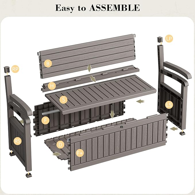 80 Gallon Outdoor Storage Bench Waterproof, Storage Outdoor Porch Bench Doubles as 2-Person Bench Seat, Resin Stripes Deck Box for Cushions, Garden Tools and Pool Supplies Grey