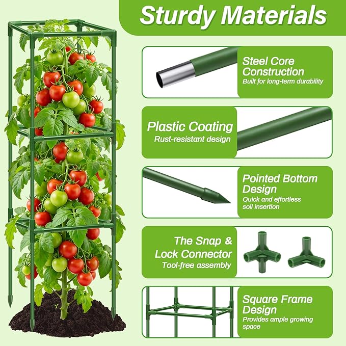 6 Pack Square Tomato Cages for Garden, 45 Inch Adjustable Tomato Stakes, Metal Tomato Trellis, Garden Plant Support for Potted Climbing Plants, Vegetables Flowers Fruits, Raised Garden Bed