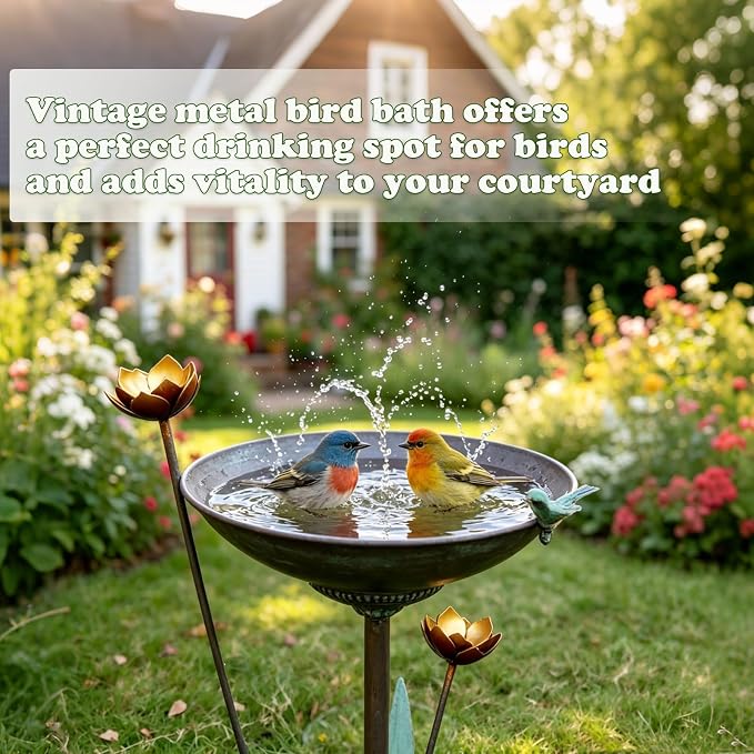 HOUYANG Diam 11.4" W x 32.3" H Cast Iron Pedestal Bird Bath, Bird Baths for Outdoors,Vintage Metal Bird Bath Garden Yard Decoration