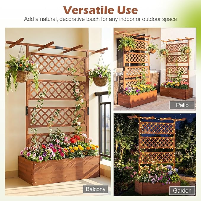 Giantex Raised Garden Bed with Trellis 2 Pack, 72'' Wooden Planter Box Outdoor w/Privacy Screen Roof, Large Vertical Garden Planter w/Drainage Holes for Climbing Plants, Patio Balcony Backyard