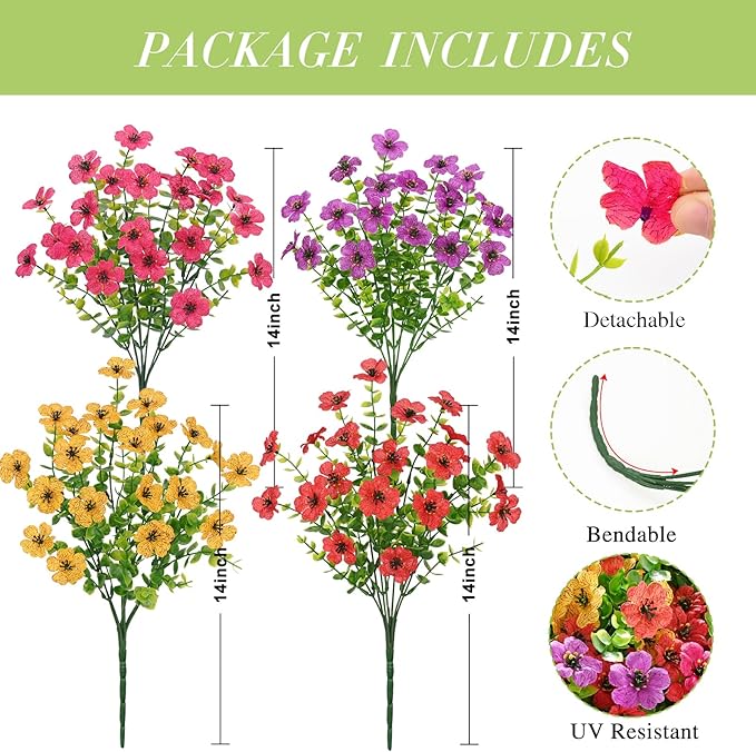Waipfaru Artificial Flowers for Outdoors, 24 Bundles Faux Plants Outdoor, UV Resistant Artificial Plants Outdoor, Silk Fake Artificial Flowers for Outside Home Decor Planter Porch Patio Decoration