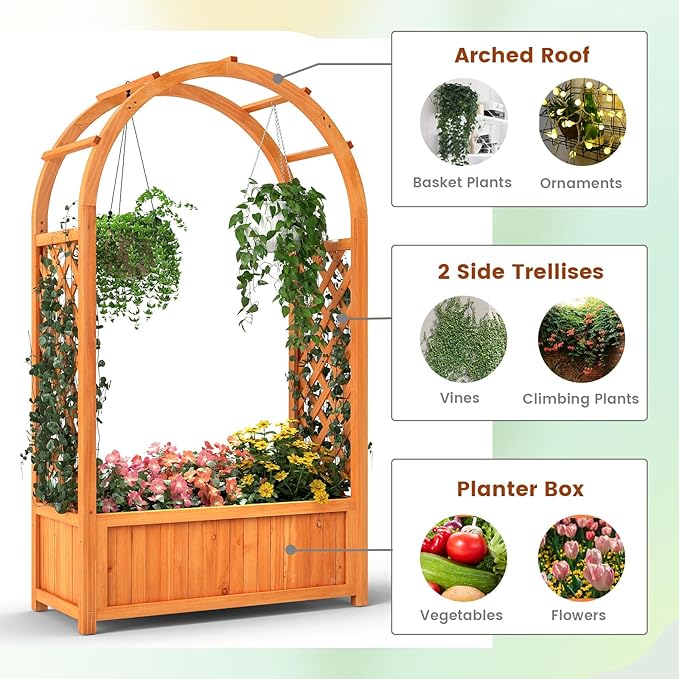 Giantex Set of 2 Raised Garden Bed with Arch Trellis, for Climbing Vine Flower Vegetable, Wood Planter Box with Liner & Drainage Design, Outdoor Plant Container for Yard Balcony (33"x14"x58")