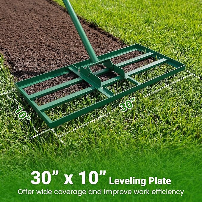 Goplus Lawn Leveling Rake, 30" x 10" Heavy Duty Level Lawn Tool w/ Ergonomic Handle for Soil, Effort-Saving Landscape Rake for Garden, Backyard, Golf Course, Farm, Pasture (Green)