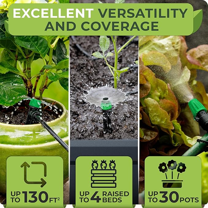 CARPATHEN Drip Irrigation System - Adjustable Quick Connect Irrigation System for Gardens up to 131ft, Raised Beds - Complete Garden Watering System - 1/4 Emitters, 1/2" and 1/4" Tubing and Connectors