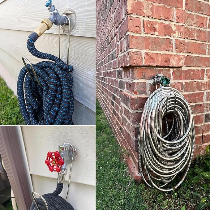 Garden Hose Holder Water Hose Hanger Wall Mounted,304Stainless Steel Solid Hose Hook Holds Up to 50Ft Garden Hose, Expandable Hose, Water Hose(Red 2pcs)
