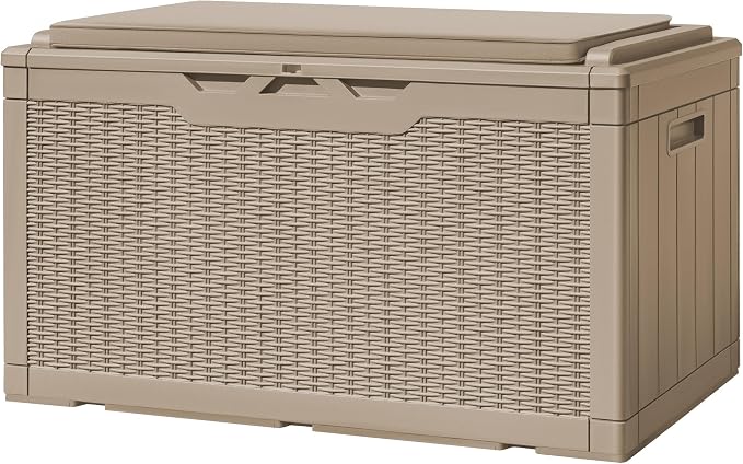 Greesum 100 Gallon Resin Deck Box Large Outdoor Storage with Cushions for Patio Furniture, Garden Tools, Pool Supplies, Weatherproof and UV Resistant, Lockable, Light Coffee