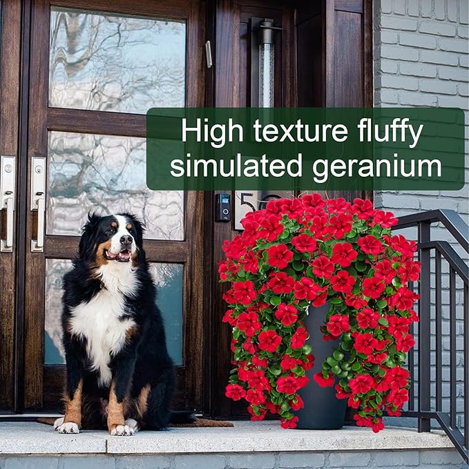 Artificial Geranium Hanging Flowers for Outdoor Decoration, 2 Bundles UV Resistant Silk Geranium Fake Plants Faux Flowers for Front Porch Garden Patio Window Box Outside Indoor Decor (Red)