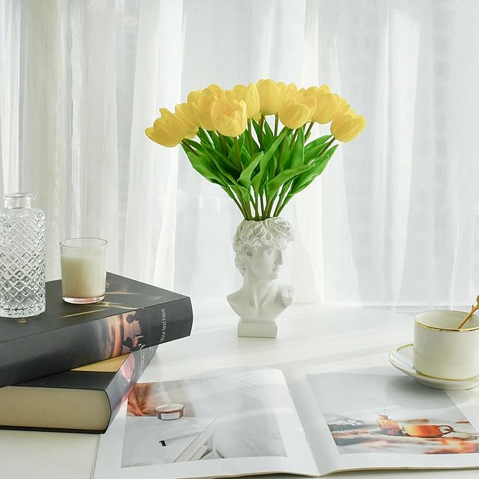 Mandy's Yellow Partially Open Artificial Tulips Flowers Centerpiece, 13.5" Lifelike PU Fake Floral Stems 12pcs for Kitchen Island & Dining Table, Spring Decor for Easter