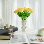 Mandy's Yellow Partially Open Artificial Tulips Flowers Centerpiece, 13.5" Lifelike PU Fake Floral Stems 12pcs for Kitchen Island & Dining Table, Spring Decor for Easter