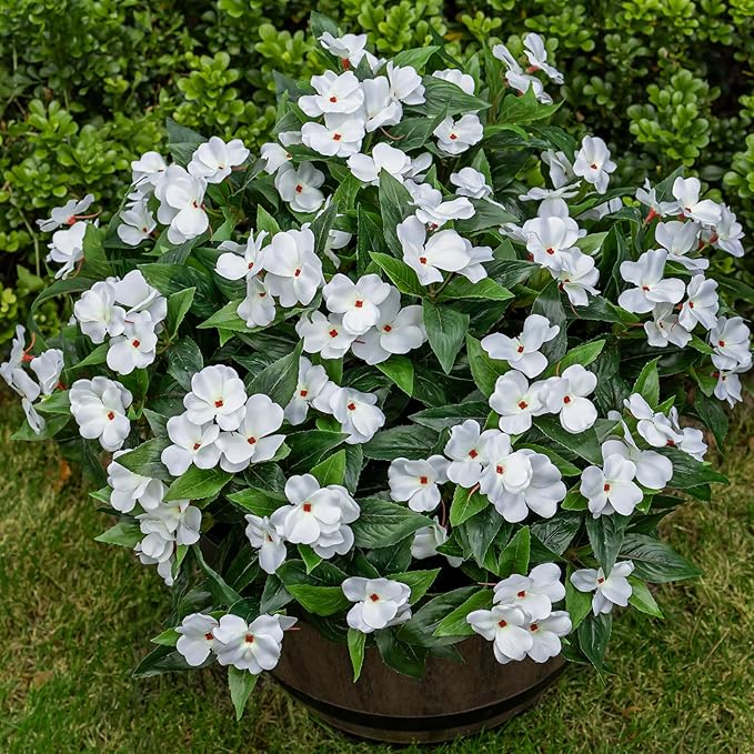 Nigirior Artificial Fake Flowers for Outdoor Décor 6 Bundles UV Resistant Fake Plants for Planter Faux Impatiens for Home Porch/Garden Stunning（White）