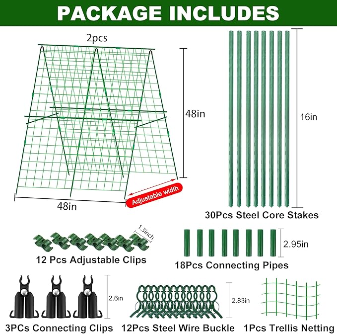 2 Packs 48" x 48" Foldable Cucumber Trellis for Raised Bed- A-Frame Garden Trellis for Climbing Plant Outdoor with Climbing Net & Plant Support Clip for Outdoor Plants Zucchini Vegetables Flowers
