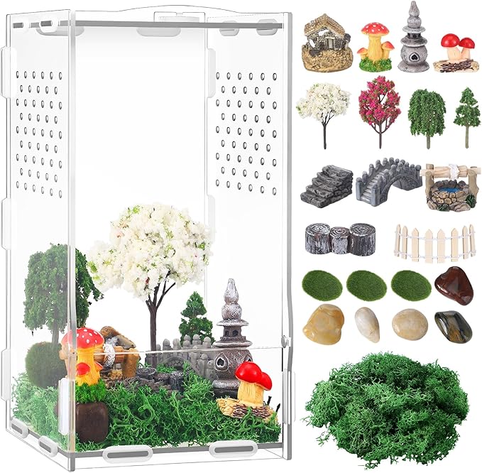 RoundFunny 23 Pcs Jumping Spider Enclosure and Habitat Miniatures Figurines Set Clear Acrylic Enclosure Mini Jumping Spider Accessories for Habitat Decorations Garden Figurines(Moss)