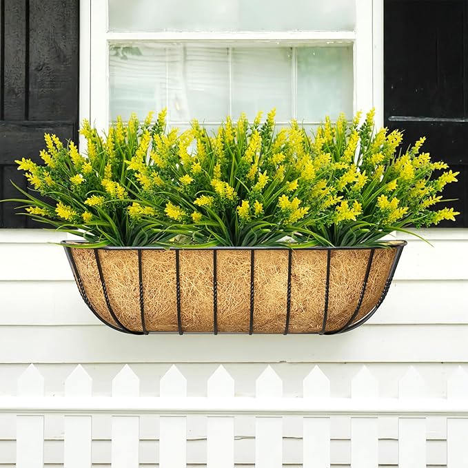 obbsie 36 Bundles Artificial Plants Outdoor, 18.2" UV Resistant Faux Monkey Grass Greenery Stems No Fade Faux Plastic Flowers Shrubs for Home Weddings Garden Porch Front Patio Office Decor - Yellow