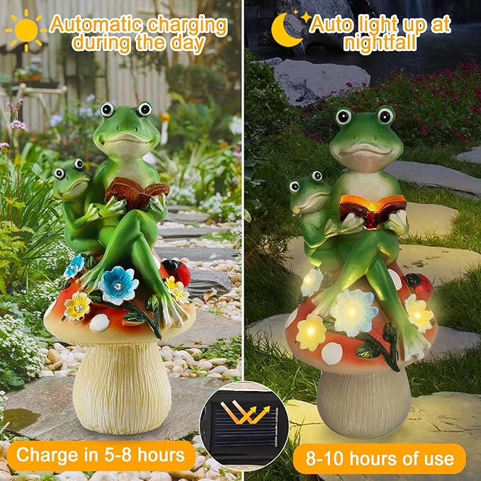 Frog Statues for Garden,Mushroom Frog Statue Solar Garden Statues with 5 LED Lights,for Lawn Patio Porch Yard Decor Gifts for Women/Mom/Grandma
