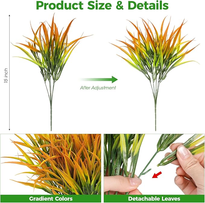 16 Pcs Artificial Plants Outdoor Fake Grass Faux Greenery Stems UV Resistant Plastic Plants Shrubs for Planters Patio Garden Front Porch Pathway Spring Summer Home Decor, Yellow
