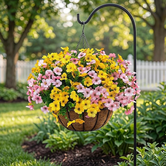Artificial Flowers for Outdoor Fake Plants for Spring Decoration,Faux Eucalyptus Flowers for Planter UV Resistant Lifelike for Home Porch Garden (Yellow/Pink)